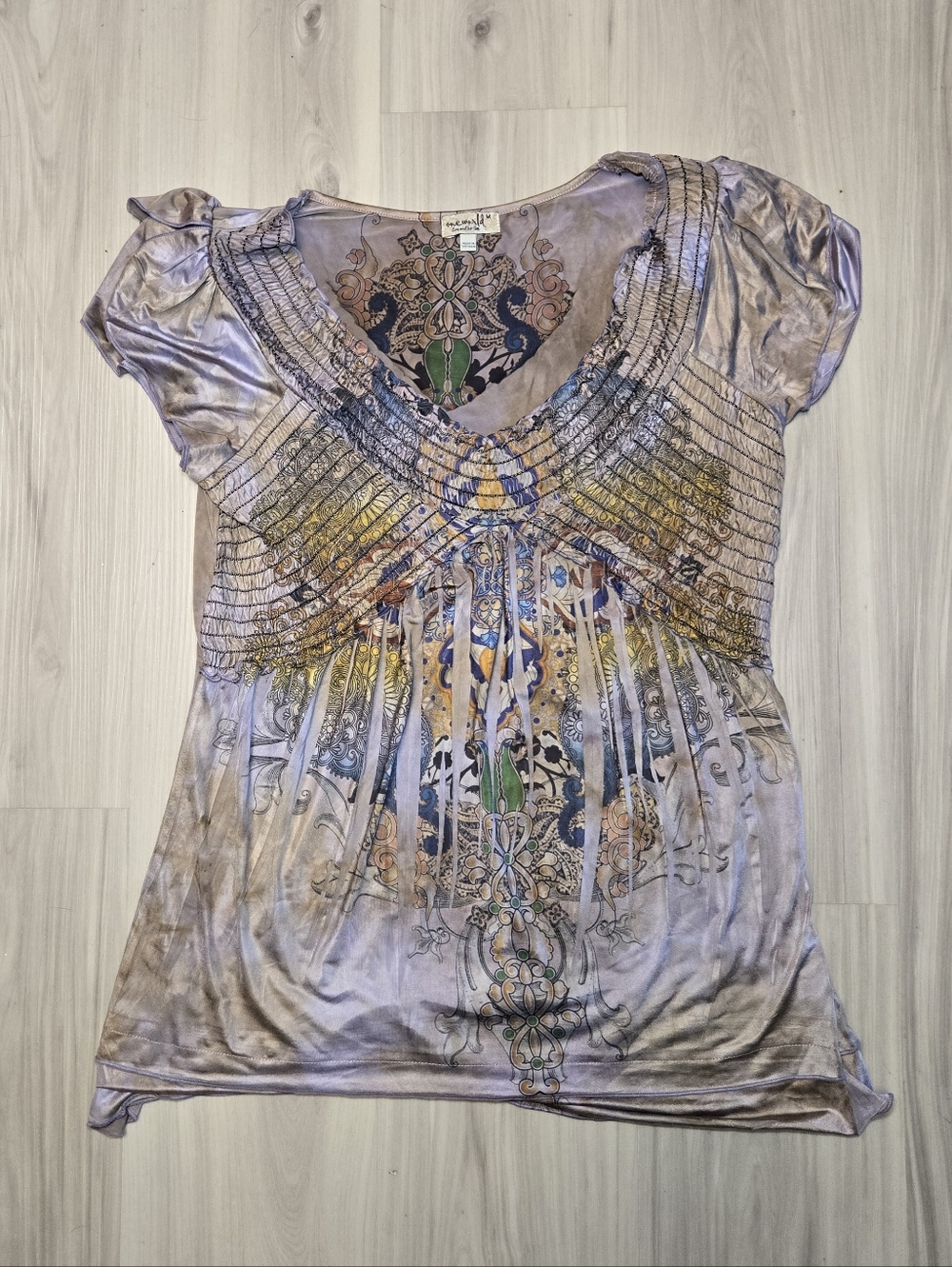 One World Live and Let Live Smocked Paisley Boho Top Purple M